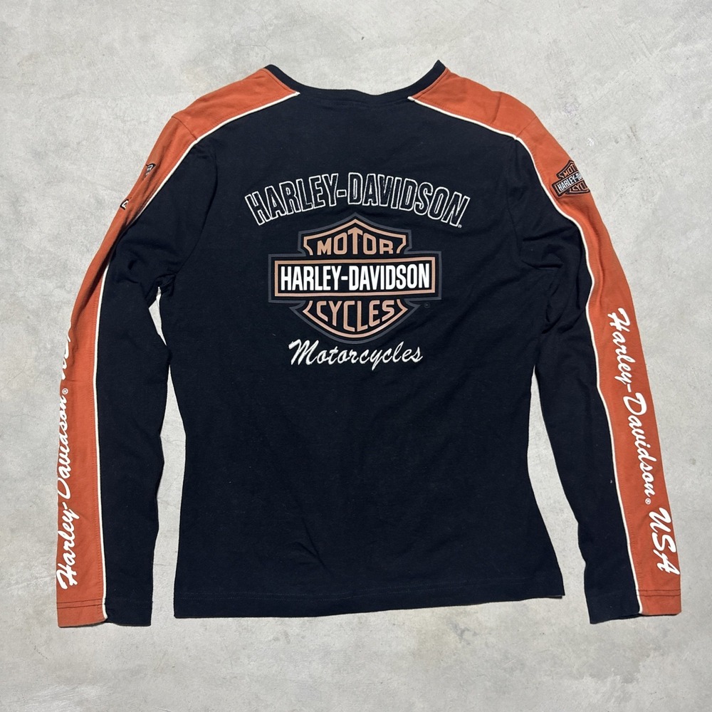 Vintage Harley-Davidson Women's Long Sleeve V-Neck Shirt Black/Orange Size M Y2K